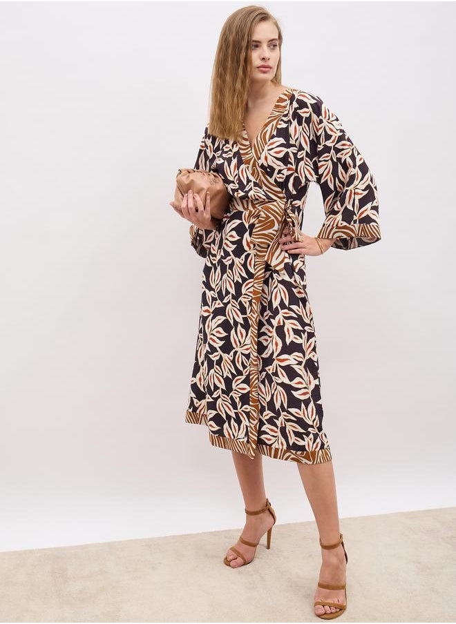 All-Over Print V Neck Wrap Midi Dress