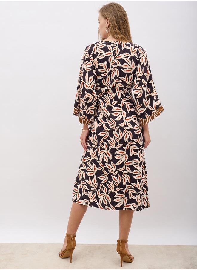All-Over Print V Neck Wrap Midi Dress