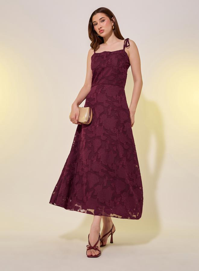 Jacquard Square Neck Strappy A-Line Midi Dress