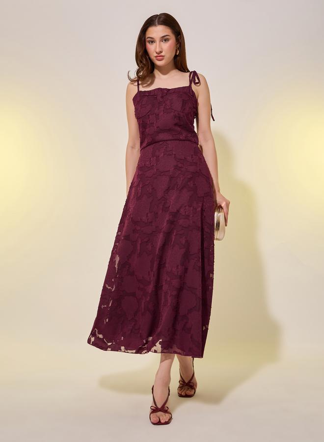 Jacquard Square Neck Strappy A-Line Midi Dress