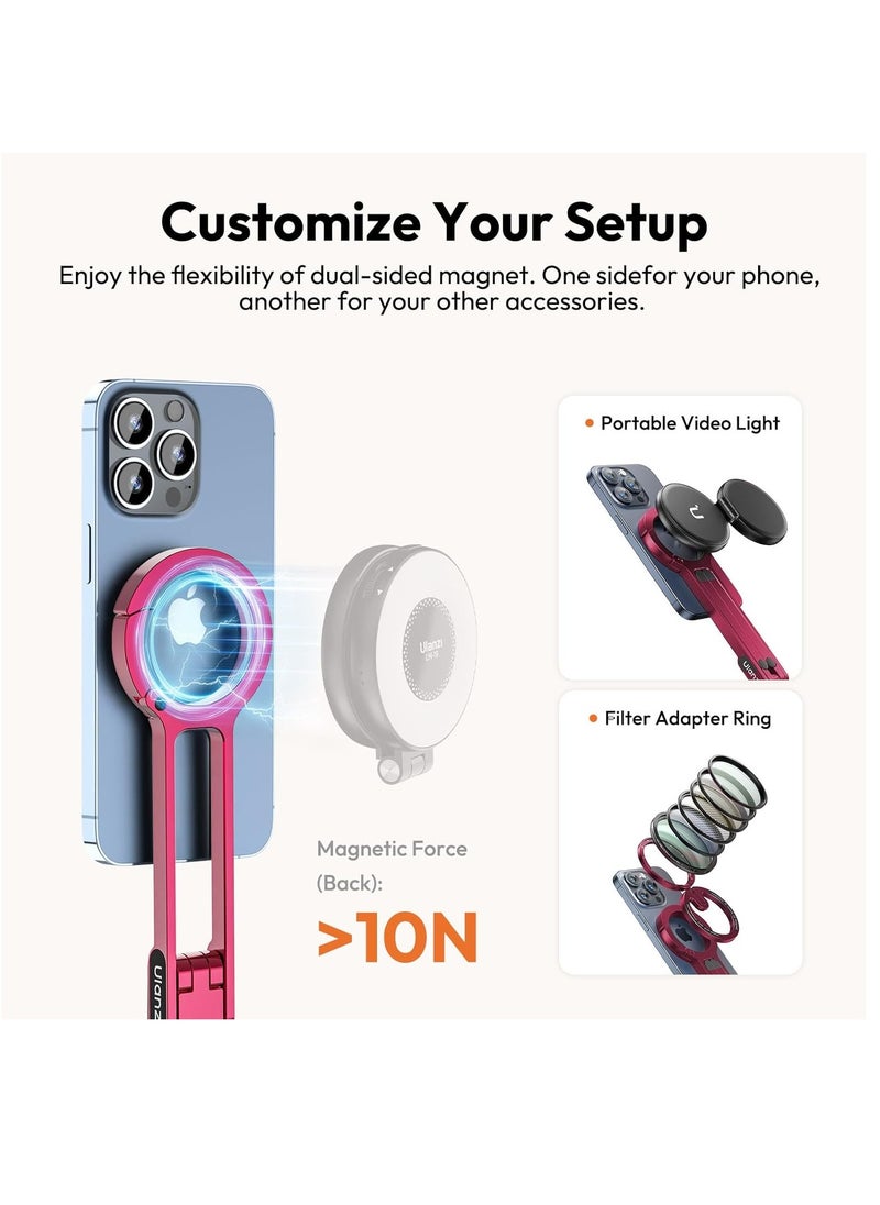 Ulanzi ULANZI MA30 Magnetic Phone Tripod Stand for iPhone Aluminium Maglock Smartphone Mini Tripod Pocket Cell Phone Stand Dual Sided Magnet Quick Mount Compatible with iPhone 16 15 14 13 12 Magsafe (Red)