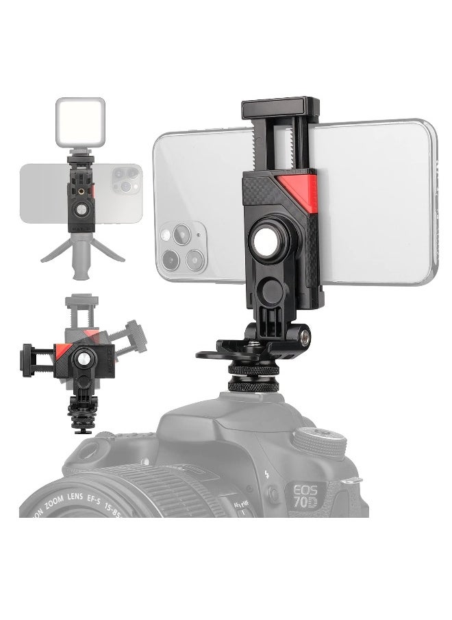 Camera Phone Hot Shoe Holder, Cell Phone Tripod Mount Adapter Cold Shoe Mount 360 Rotation for Camera Ring Light Microphone, Universal Phone Clamp for Vlogging Live Stream Photography
