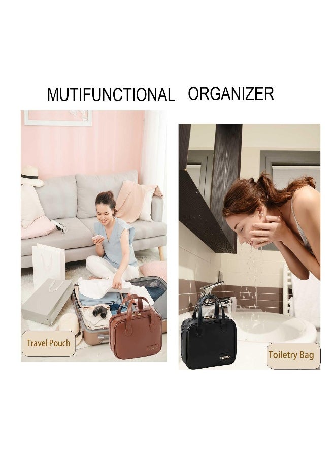 Portable Small Travel Makeup Bag, Waterproof Toiletry Bag with Divider and Handle, Leather  Cosmetic Bag for Toiletries Accessories Brushes, Cute Makeup Organize, Black