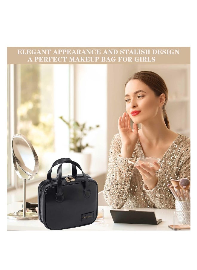 Portable Small Travel Makeup Bag, Waterproof Toiletry Bag with Divider and Handle, Leather  Cosmetic Bag for Toiletries Accessories Brushes, Cute Makeup Organize, Black