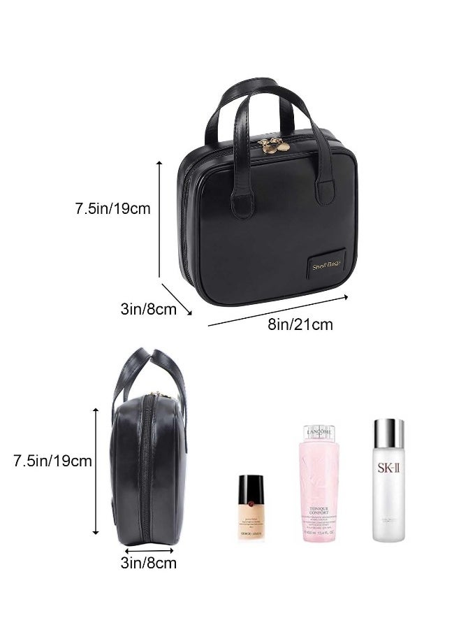 Portable Small Travel Makeup Bag, Waterproof Toiletry Bag with Divider and Handle, Leather  Cosmetic Bag for Toiletries Accessories Brushes, Cute Makeup Organize, Black