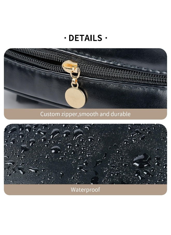 Portable Small Travel Makeup Bag, Waterproof Toiletry Bag with Divider and Handle, Leather  Cosmetic Bag for Toiletries Accessories Brushes, Cute Makeup Organize, Black
