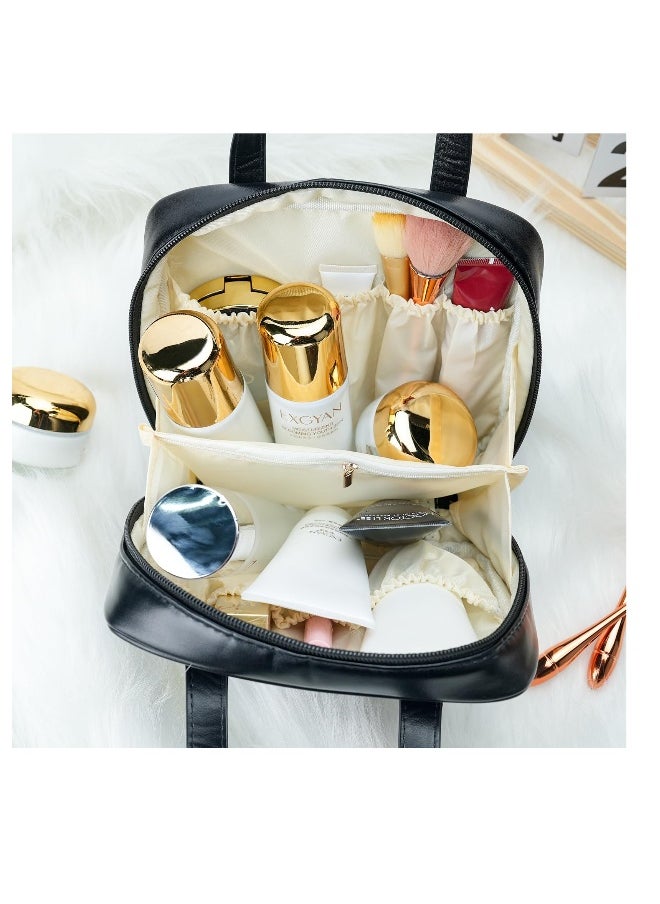 Portable Small Travel Makeup Bag, Waterproof Toiletry Bag with Divider and Handle, Leather  Cosmetic Bag for Toiletries Accessories Brushes, Cute Makeup Organize, Black