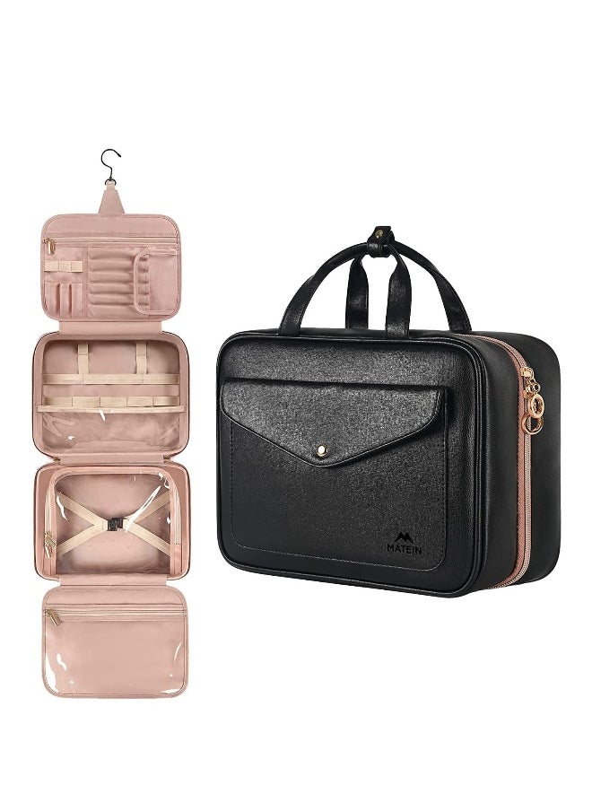 Toiletry Bag for Women Hanging Travel Makeup Bag, Large Waterproof Cosmetic Toiletries Bags Travel Organizer Full Sized Container with Elastic Band Holders for Cosmetics Brushes Bathroom Shower Black