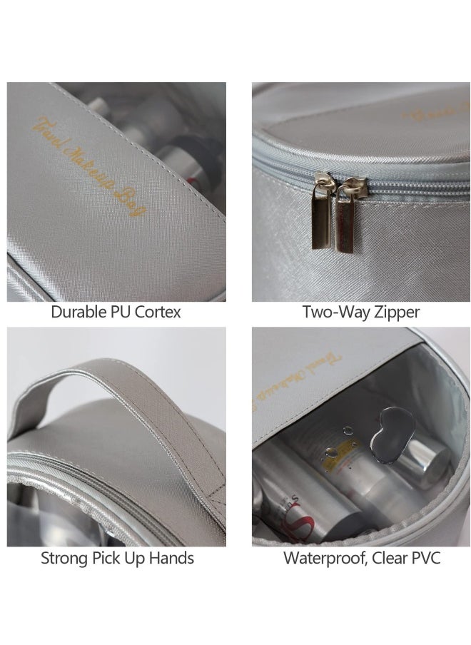 Travel Makeup Bag Set with 3 Large Capacity Clear and Waterproof Cosmetic Bags for Toiletries in Silver