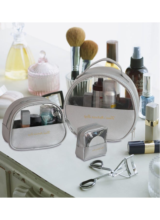 Travel Makeup Bag Set with 3 Large Capacity Clear and Waterproof Cosmetic Bags for Toiletries in Silver