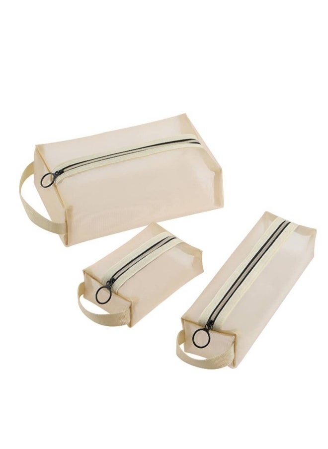 Mesh Cosmetic Bag, 3 Pces Zipper Pouch Clear Bags for Offices Travel Accessories Toiletries Liquids Creams etc(Beige)