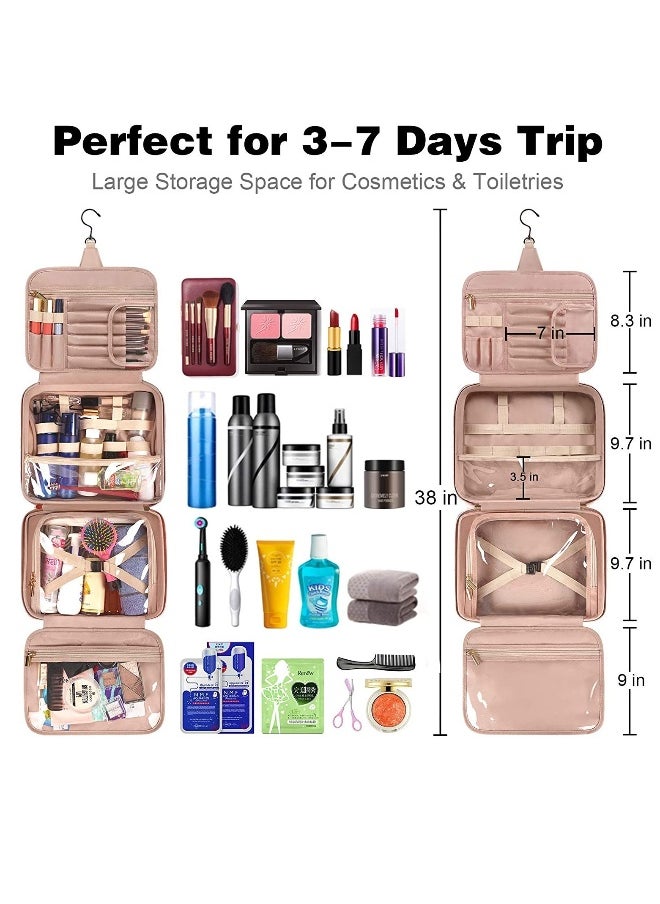 Toiletry Bag, Hanging Travel Makeup Bag for Women, Large Waterproof Cosmetic Bags Travel Organizer Full Sized Container with Elastic Band Holders for Toiletries, Cosmetics, Brushes, Bottle, Pink