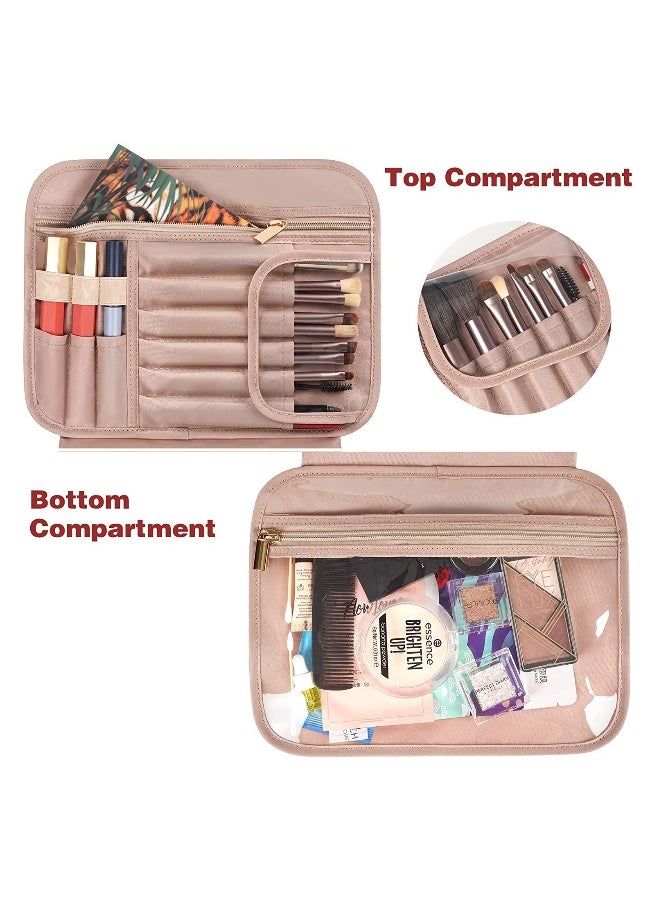 Toiletry Bag, Hanging Travel Makeup Bag for Women, Large Waterproof Cosmetic Bags Travel Organizer Full Sized Container with Elastic Band Holders for Toiletries, Cosmetics, Brushes, Bottle, Pink