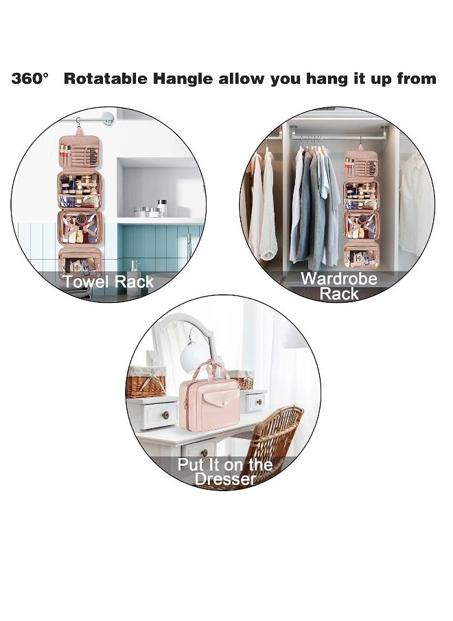 Toiletry Bag, Hanging Travel Makeup Bag for Women, Large Waterproof Cosmetic Bags Travel Organizer Full Sized Container with Elastic Band Holders for Toiletries, Cosmetics, Brushes, Bottle, Pink