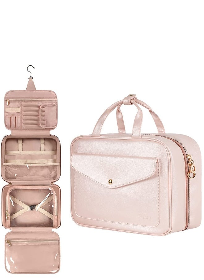 Toiletry Bag, Hanging Travel Makeup Bag for Women, Large Waterproof Cosmetic Bags Travel Organizer Full Sized Container with Elastic Band Holders for Toiletries, Cosmetics, Brushes, Bottle, Pink