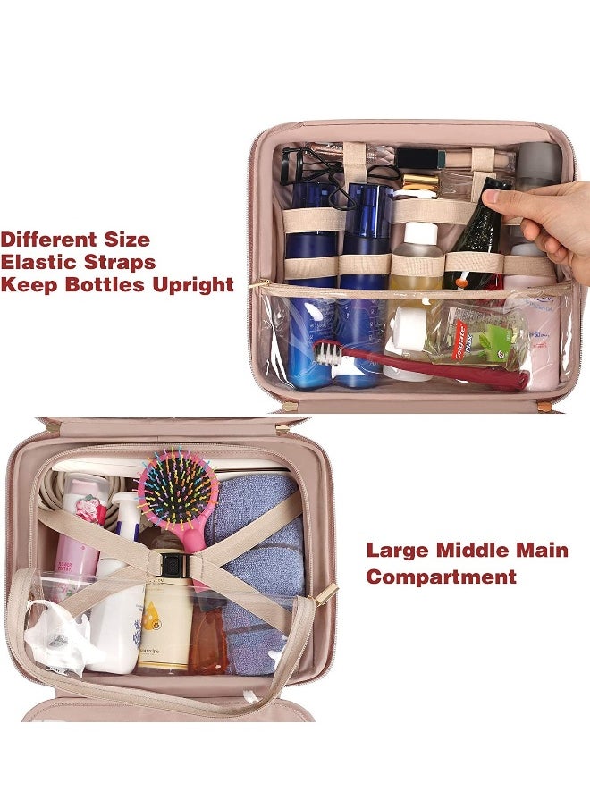 Toiletry Bag, Hanging Travel Makeup Bag for Women, Large Waterproof Cosmetic Bags Travel Organizer Full Sized Container with Elastic Band Holders for Toiletries, Cosmetics, Brushes, Bottle, Pink