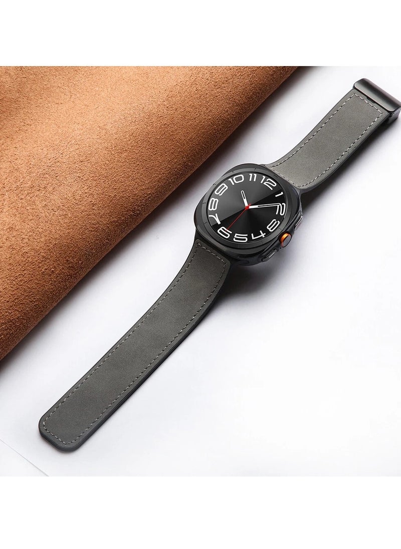 Magnetic Leather Watch Band Compatible with Samsung Galaxy Watch Ultra 47mm (2024) Magnetic Buckle Design Adjustable Classic Wristbands Replacement Straps for Men and Women - Grey