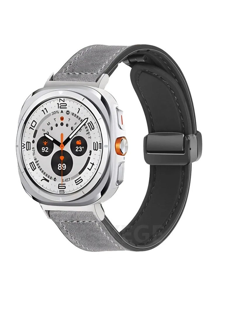 Magnetic Leather Watch Band Compatible with Samsung Galaxy Watch Ultra 47mm (2024) Magnetic Buckle Design Adjustable Classic Wristbands Replacement Straps for Men and Women - Grey
