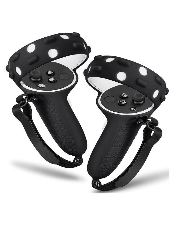 Touch Controller Grip Cover Compatible with Meta Oculus Quest 2 Full Coverage Anti-Throw Handle Protecting Sleeve 2 Accessories Adjustable Knuckle Strap (Black)