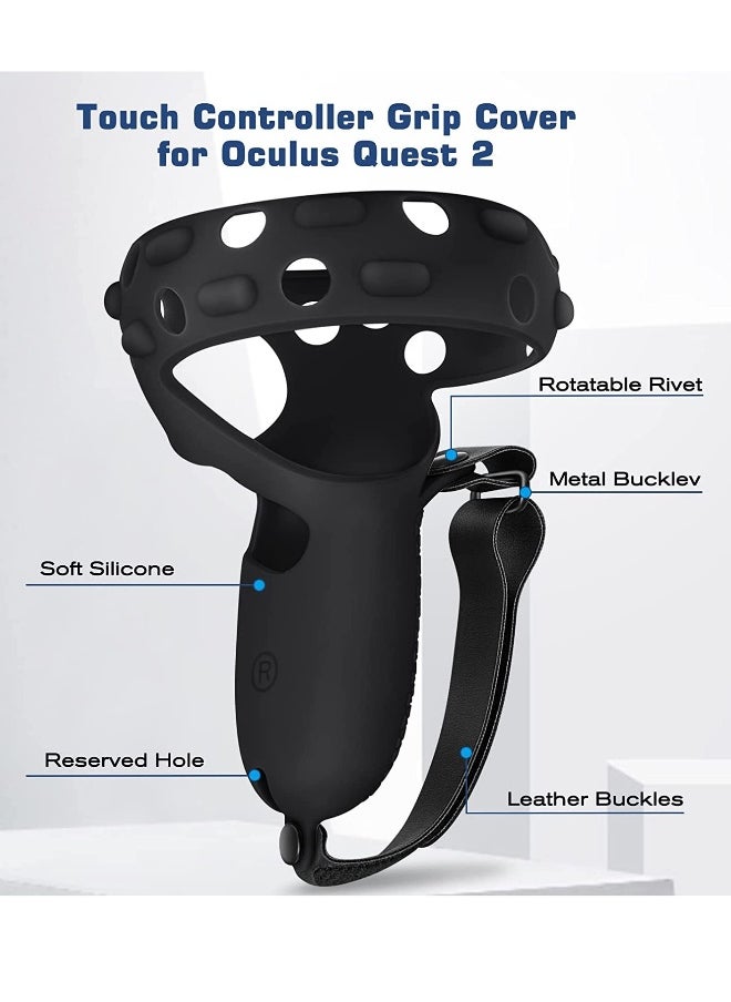 Touch Controller Grip Cover Compatible with Meta Oculus Quest 2 Full Coverage Anti-Throw Handle Protecting Sleeve 2 Accessories Adjustable Knuckle Strap (Black)