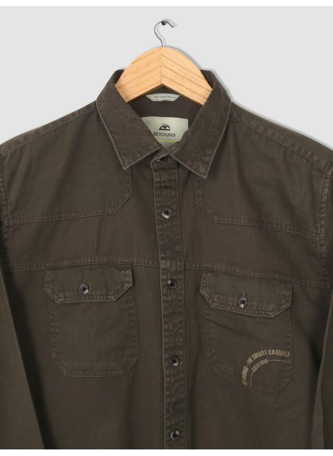 Dark Brown Cotton Twill Casual Shirt for Men
