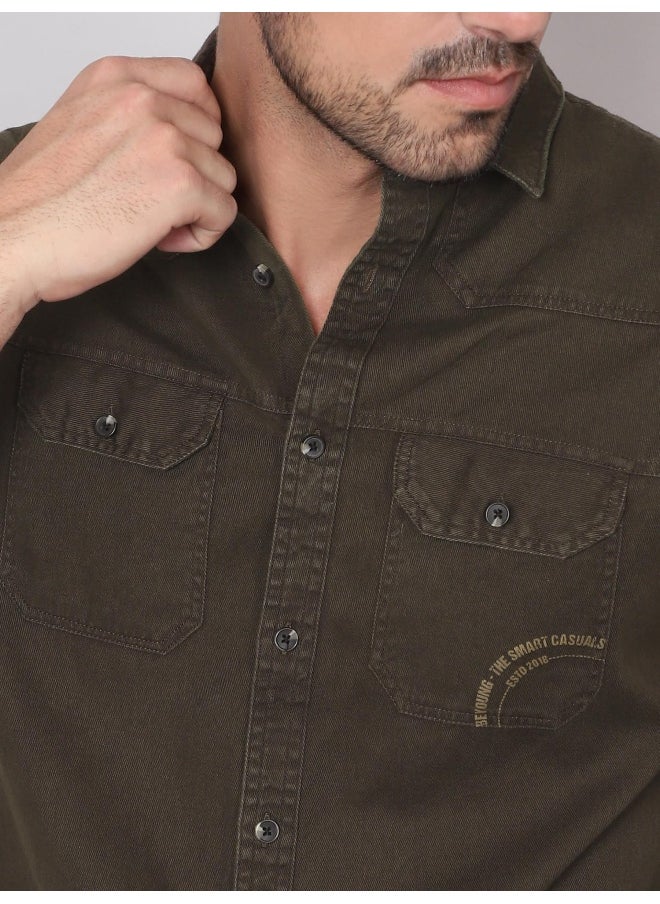 Dark Brown Cotton Twill Casual Shirt for Men