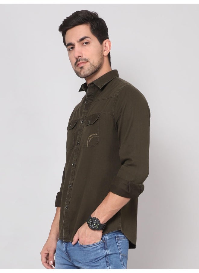 Dark Brown Cotton Twill Casual Shirt for Men
