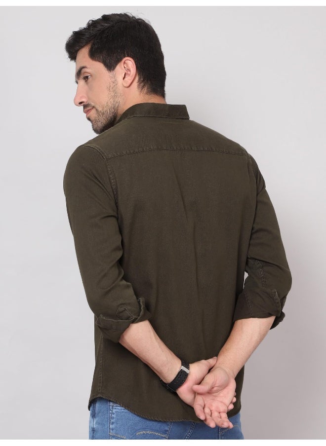 Dark Brown Cotton Twill Casual Shirt for Men