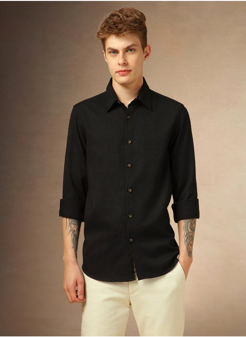 Men's Black 100% Polyester Textured Shirt
