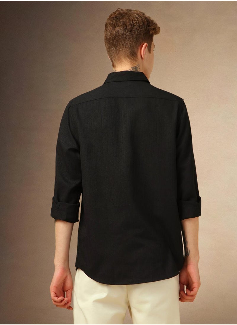 Men's Black 100% Polyester Textured Shirt