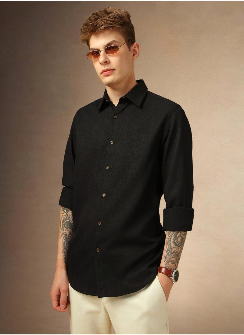 Men's Black 100% Polyester Textured Shirt
