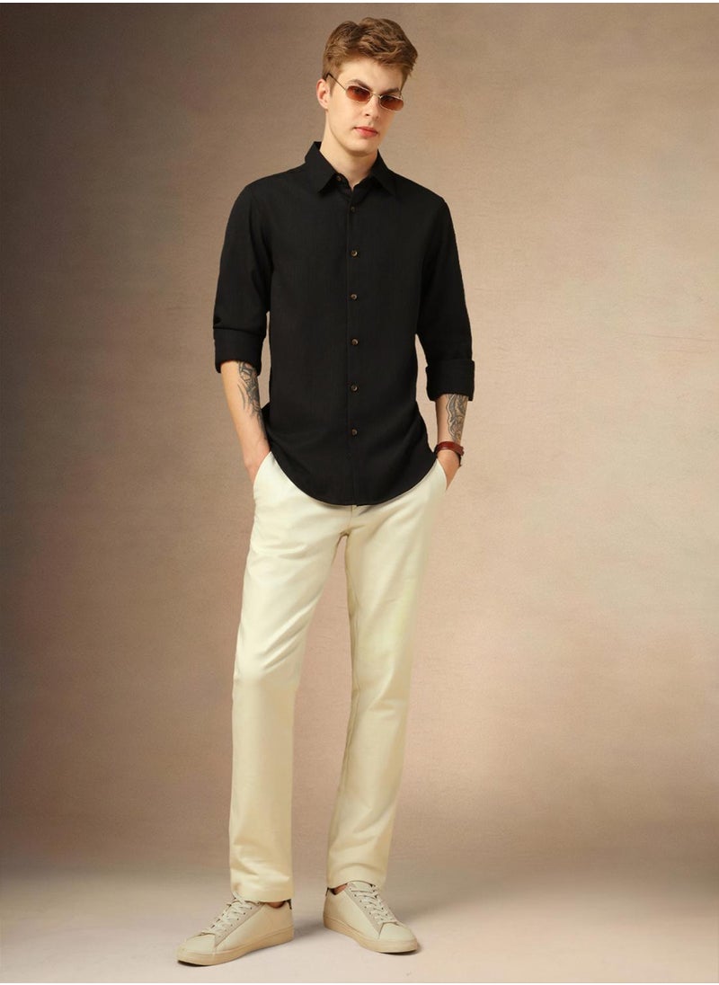 Men's Black 100% Polyester Textured Shirt