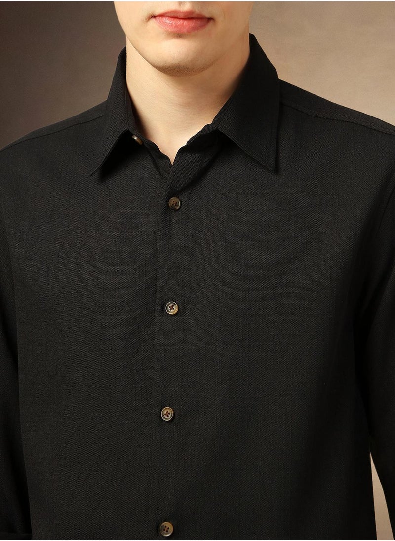 Men's Black 100% Polyester Textured Shirt
