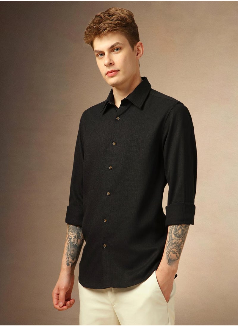 Men's Black 100% Polyester Textured Shirt