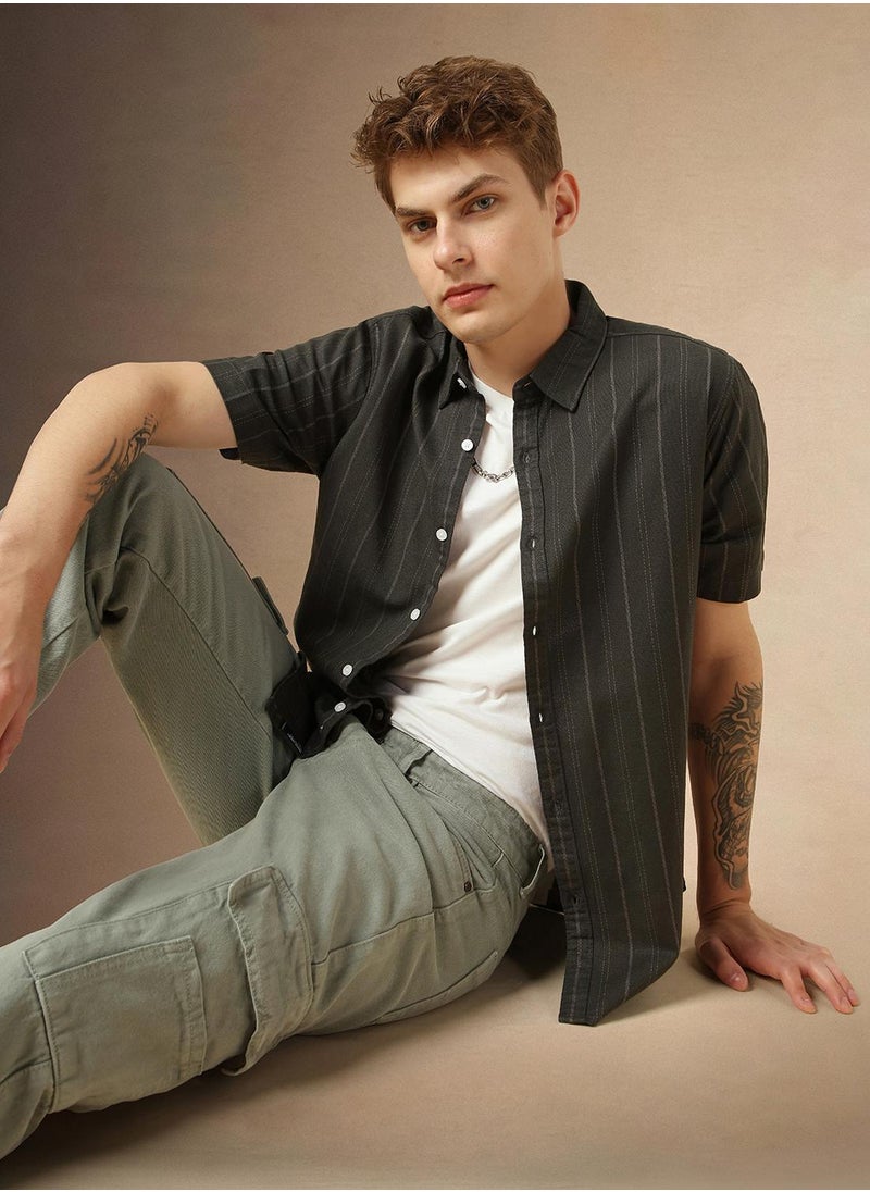 Men's Multicoloured Polyester Blend Striped Button Down Shirt