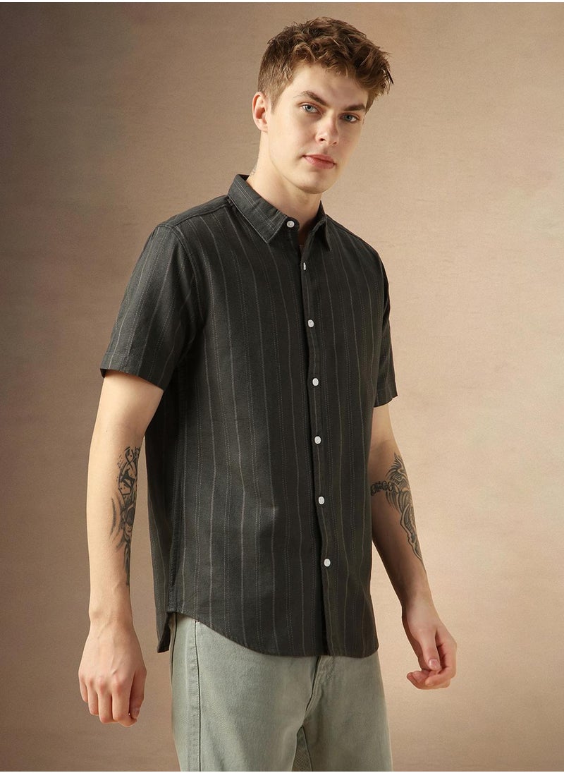 Men's Multicoloured Polyester Blend Striped Button Down Shirt