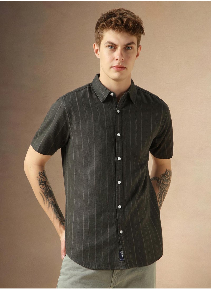 Men's Multicoloured Polyester Blend Striped Button Down Shirt
