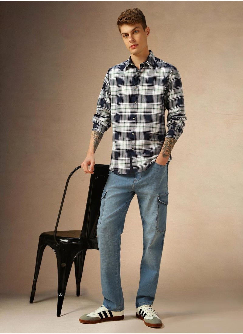 Men's Navy 100% Cotton Checkered Shirt