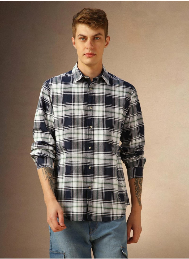 Men's Navy 100% Cotton Checkered Shirt