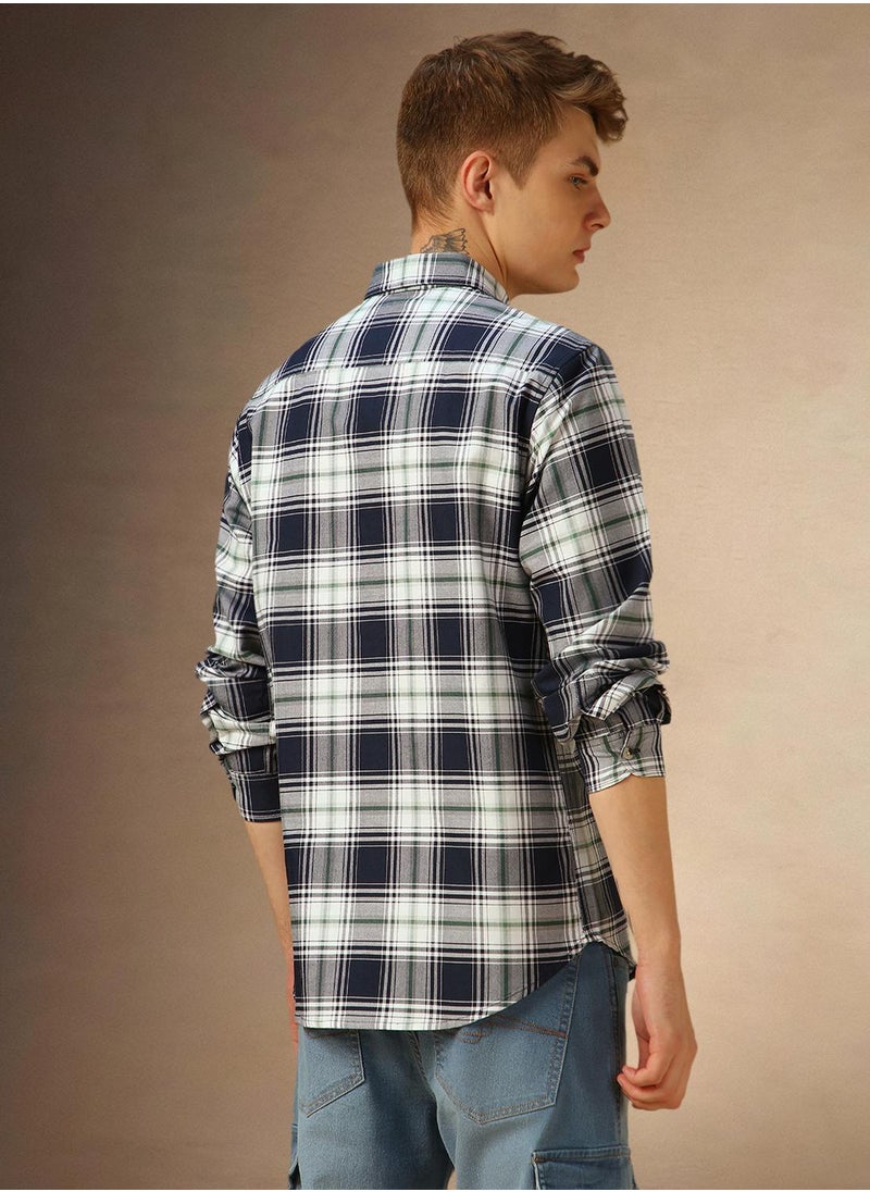 Men's Navy 100% Cotton Checkered Shirt