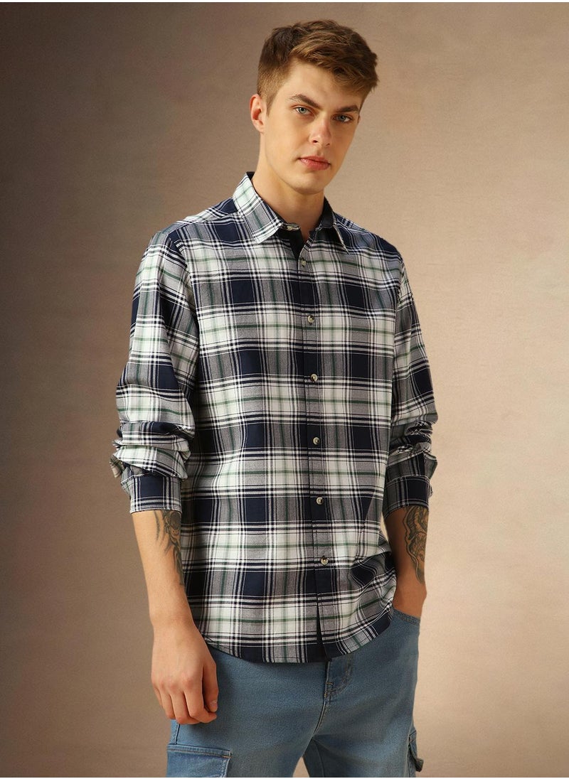 Men's Navy 100% Cotton Checkered Shirt
