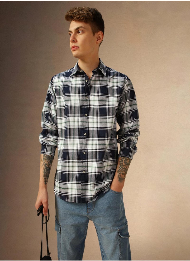 Men's Navy 100% Cotton Checkered Shirt