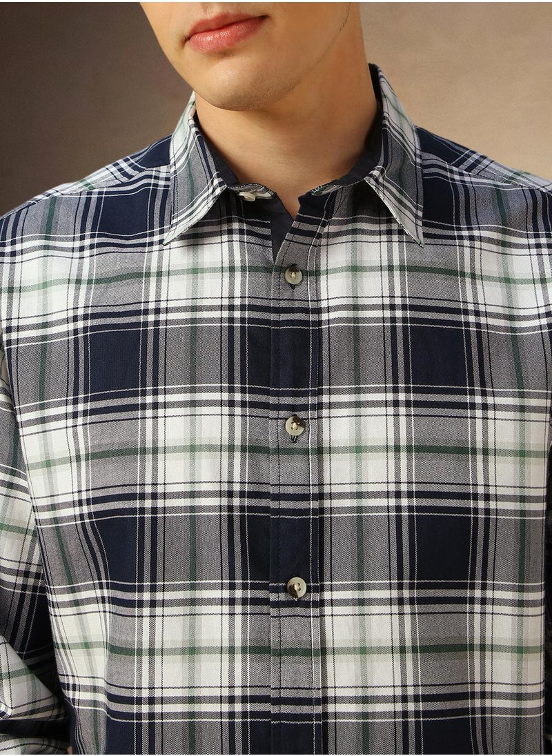 Men's Navy 100% Cotton Checkered Shirt