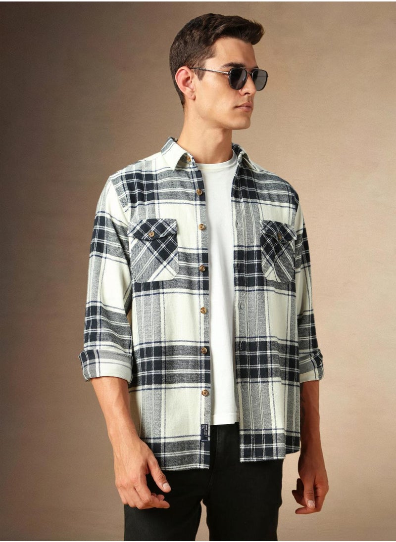 Men's White 100% Cotton Checkered Shirt