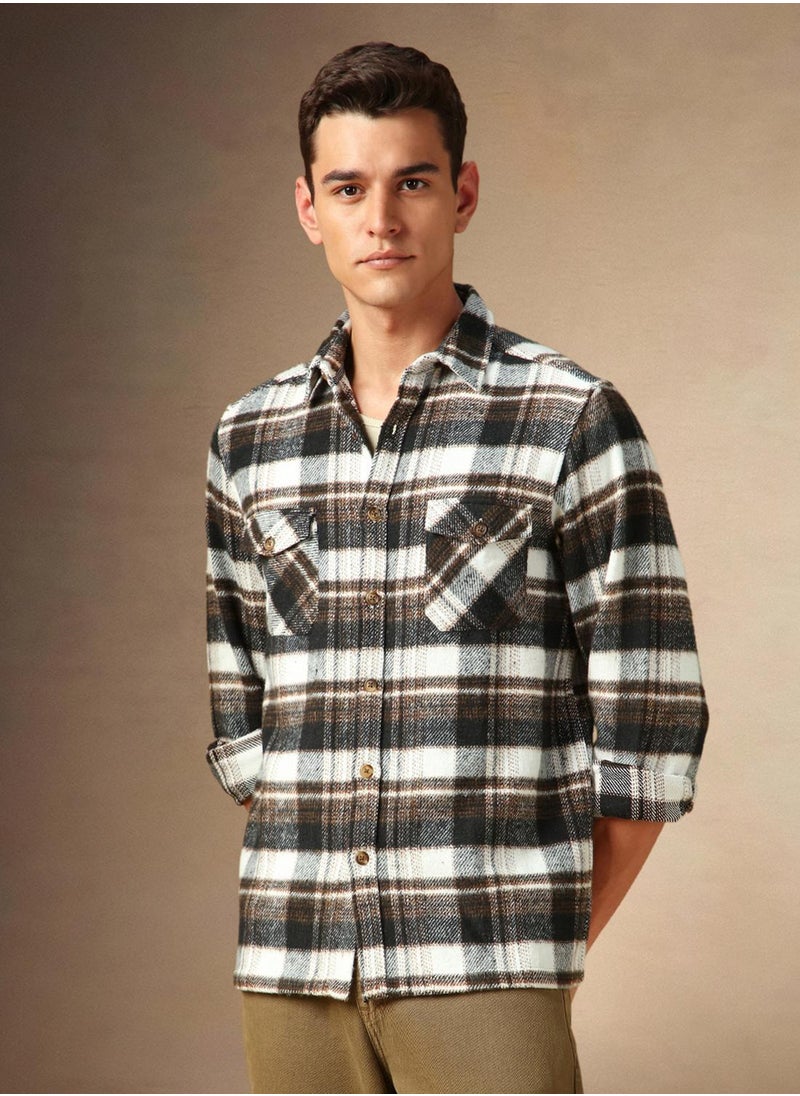 Men's Brown 100% Cotton Checkered Shirt