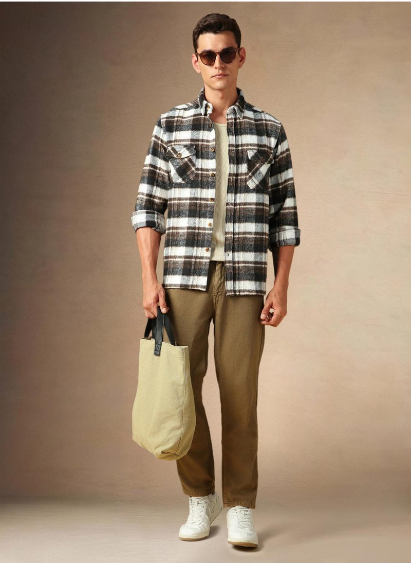 Men's Brown 100% Cotton Checkered Shirt