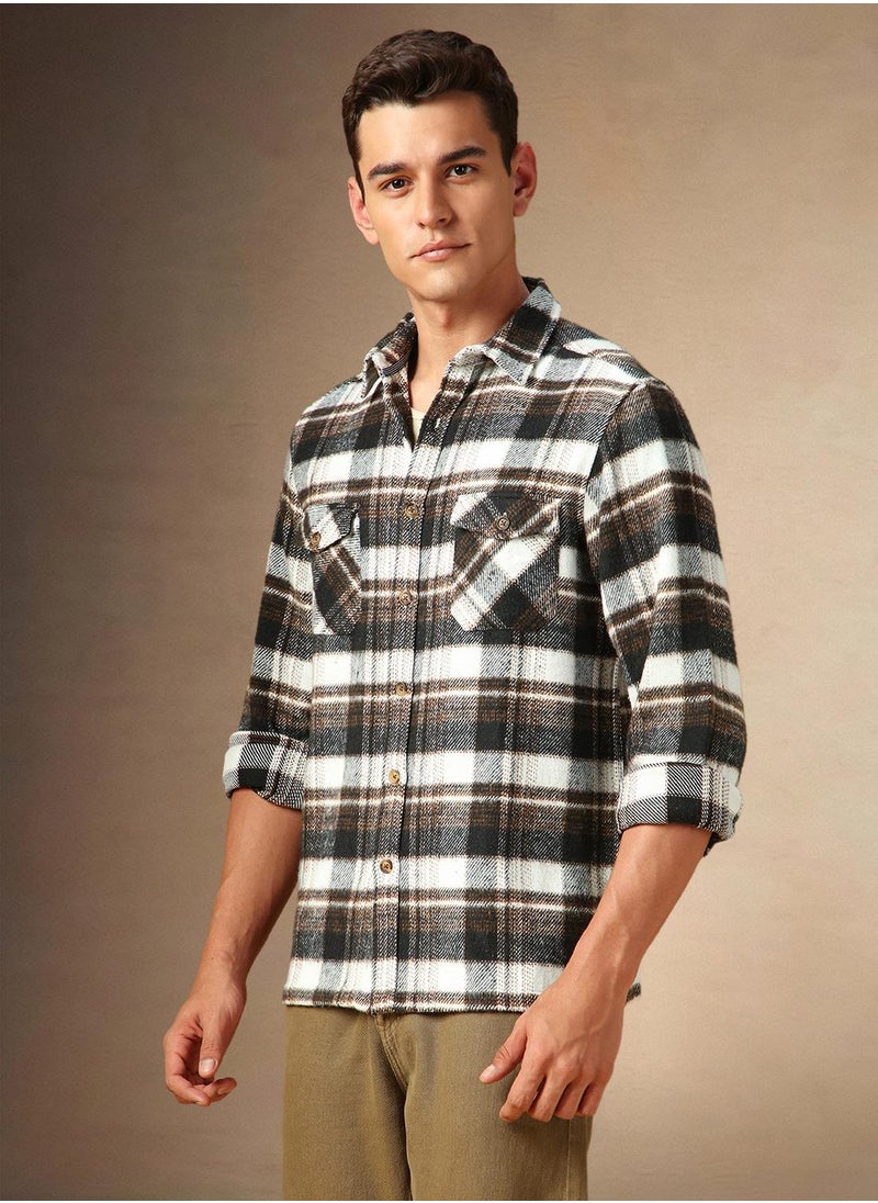 Men's Brown 100% Cotton Checkered Shirt