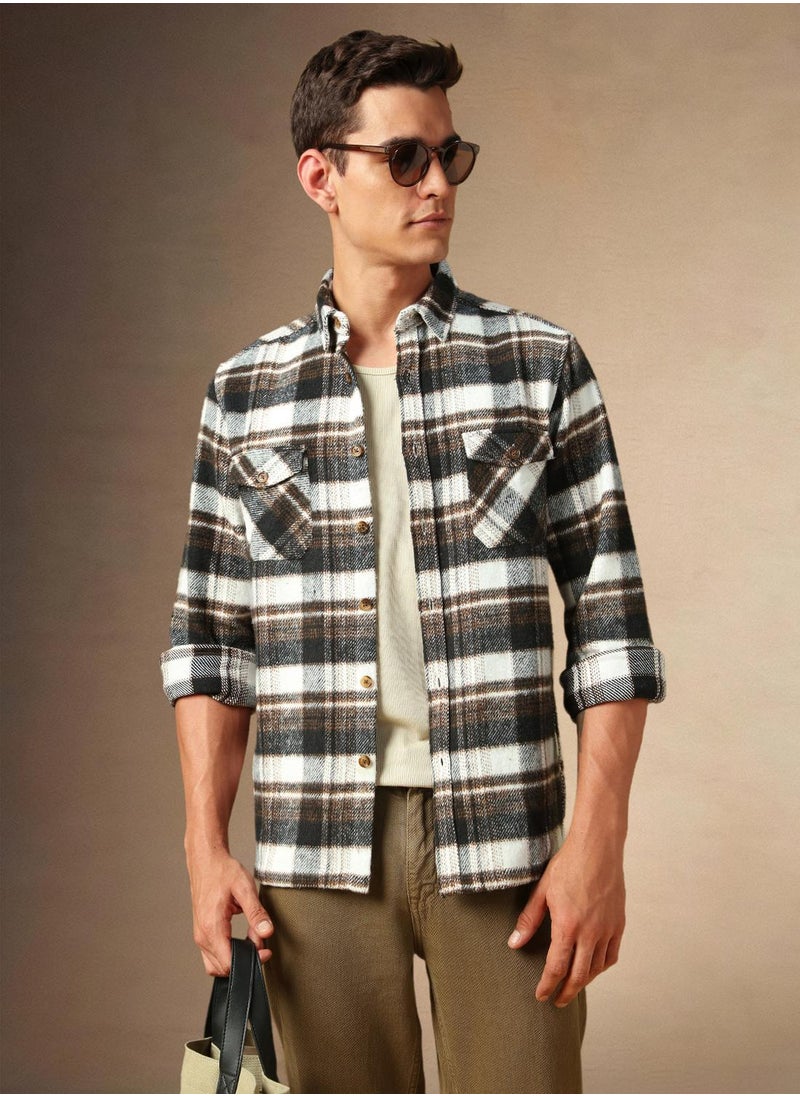 Men's Brown 100% Cotton Checkered Shirt