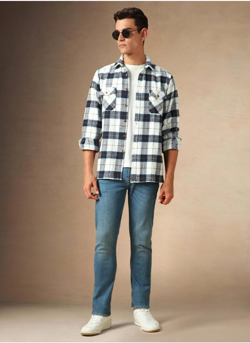 Men's White 100% Cotton Checkered Shirt