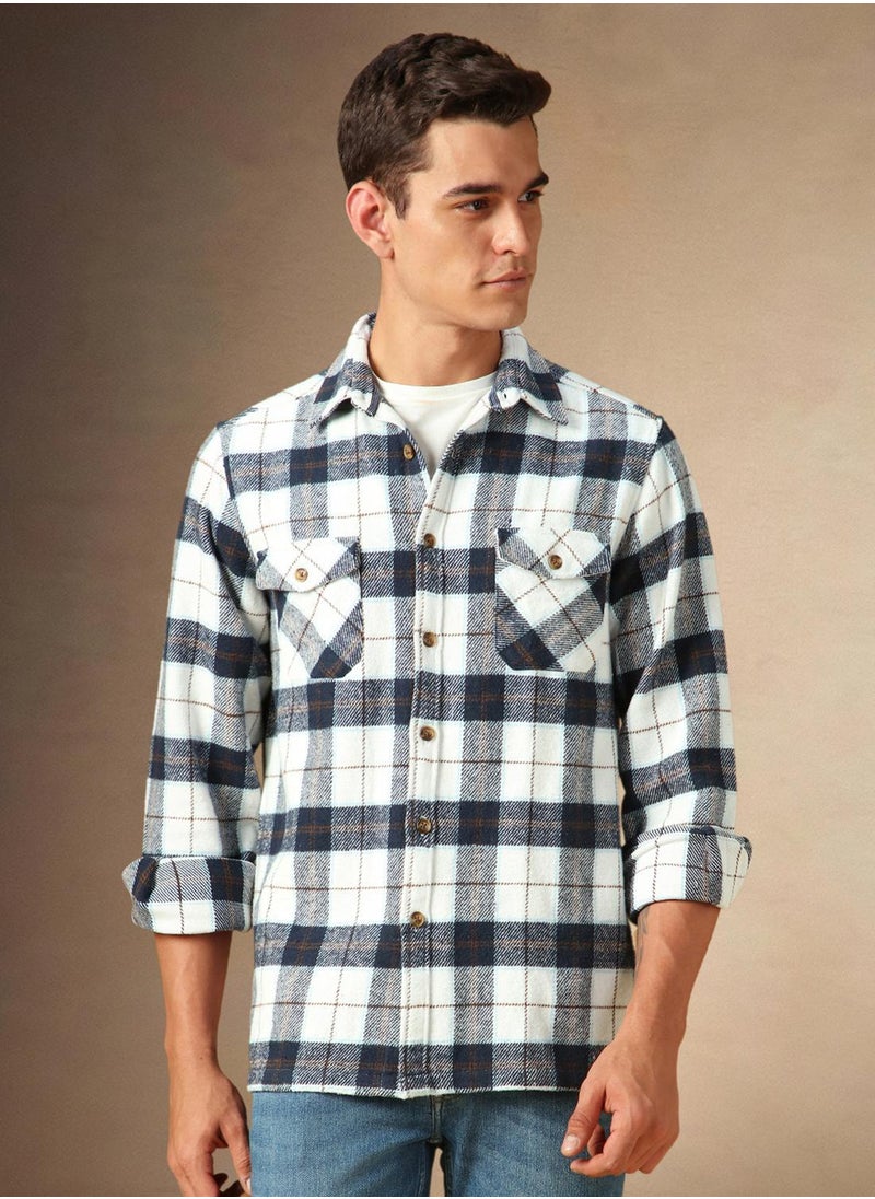 Men's White 100% Cotton Checkered Shirt